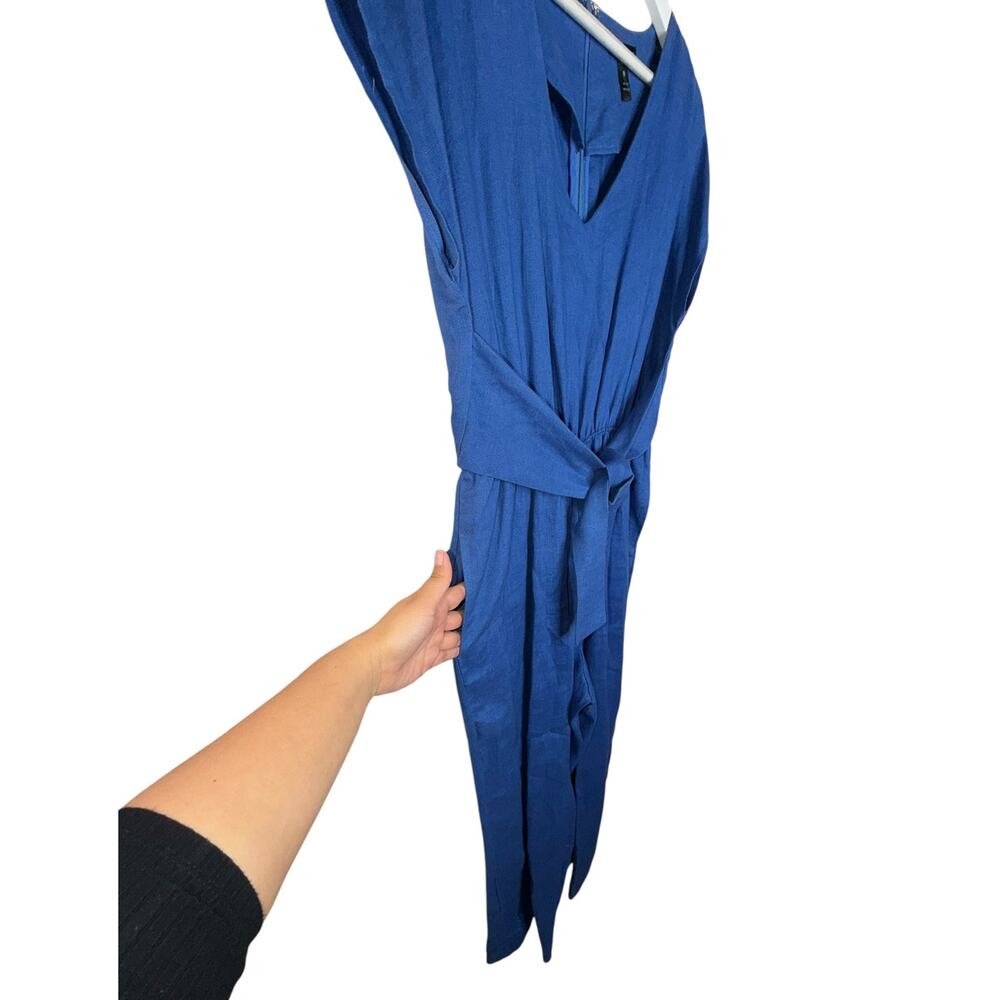 Aqua Women's Blue Tie Waist Linen Jumpsuit Cropped Straight Leg Size Large - Picture 5 of 11